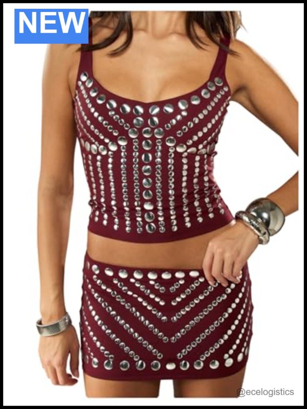 Studded Sequin Two Piece Skirt Set - Sleeveless Crop Top